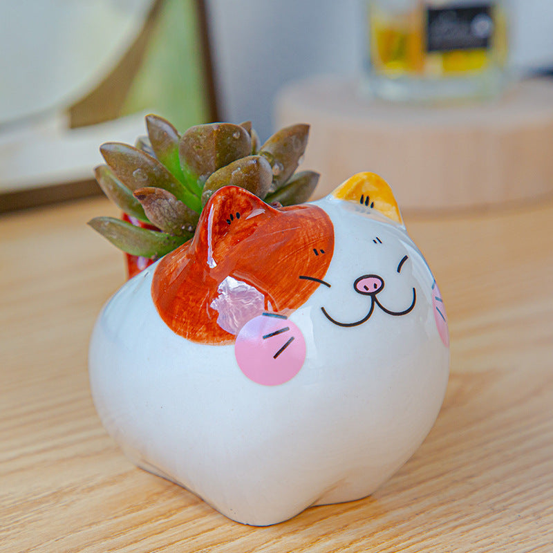 Lovely Happy Kitten Glazed Plant Pot Mini Ornament Planter Animal Flowerpot