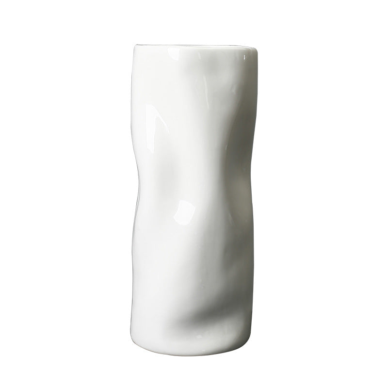 White Irregular Ceramic Vase With Straight Barrel, Decorative Vases For Living Room, Bedroom