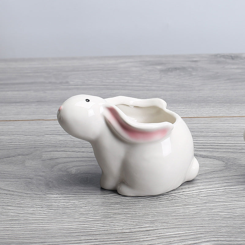 Mini White Rabbit Plant Pot Glazed Indoor Planter Creative Decor