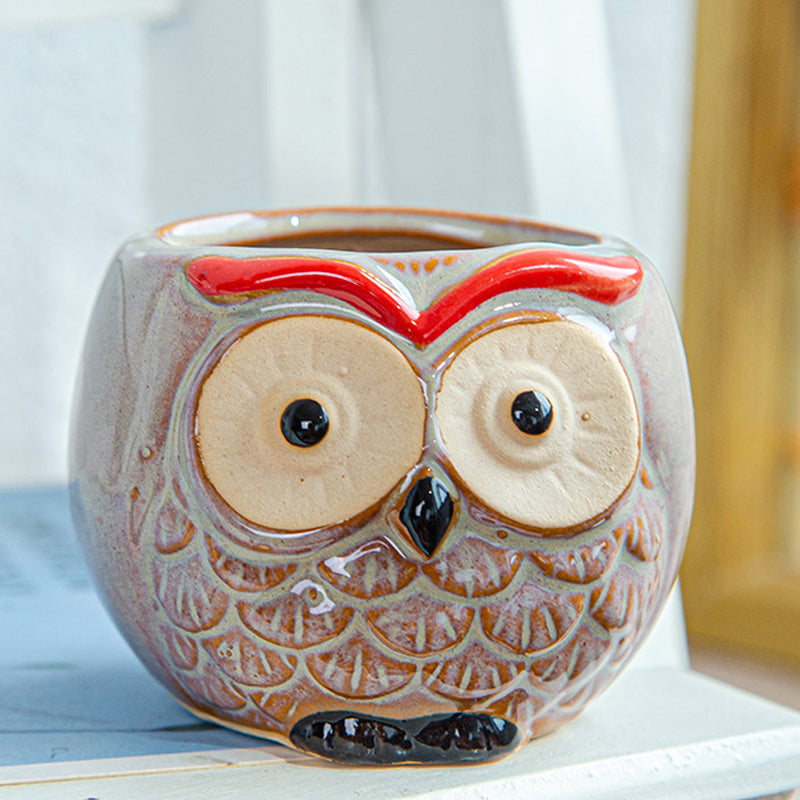 Brown Owl Glazed Plant Pot , Red Eyebrow