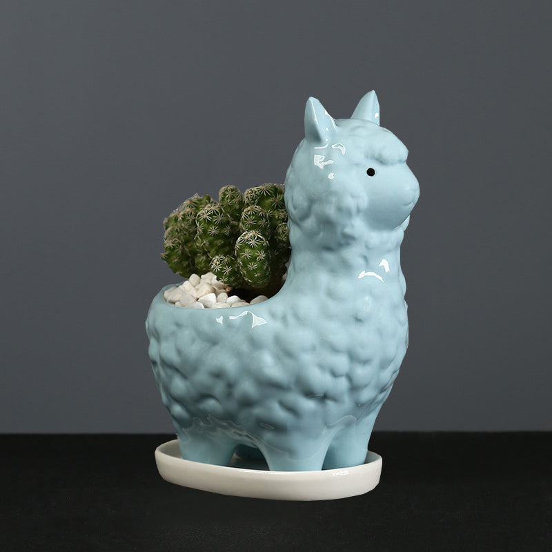 Lovely Blue Alpaca Plant Pot With Tray Creative Indoor Planter Animal Decor