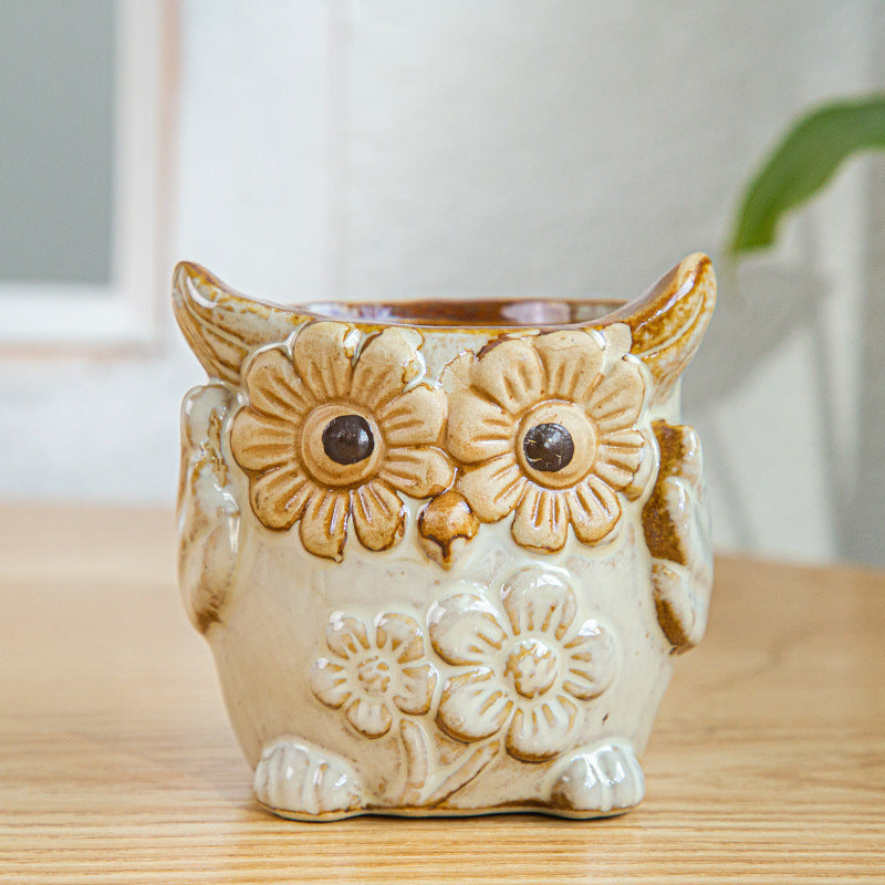 Yellow Owl Glazed Plant Pot MIni Creative Planter ,  Model 6