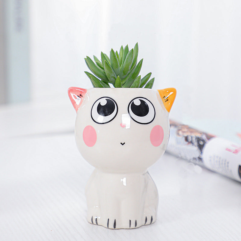 White Mini Cute Kitten Glazed Plant Pot , Model 2