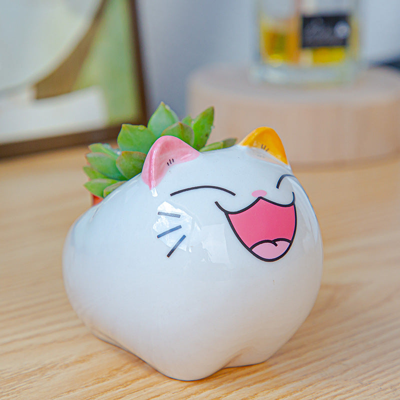 Lovely Laughing Kitten Glazed Plant Pot Mini Ornament Planter Animal Flowerpot