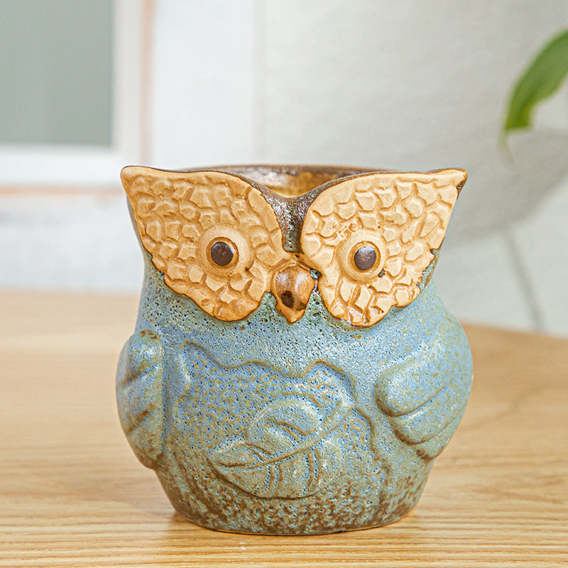 Blue Owl Glazed Plant Pot Decorative Indoor Planter ,  Model 5