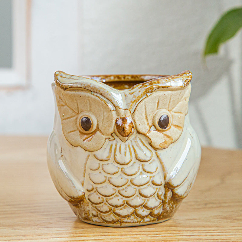 Yellow Owl Glazed Plant Pot MIni Creative Planter ,  Model 1