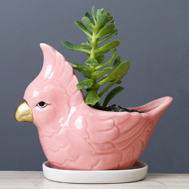 Lovely Pink Parrot Mini Plant Pot Creative Indoor Planter Animal Decor