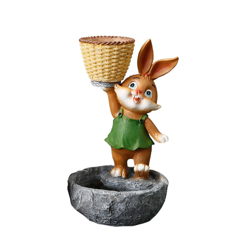 Green Clothes Brown Bunny Lifting Basket Resin Plant Pots Lovely Creative Planters