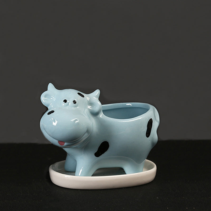 Mini Blue Baby Cow Plant Pot Creative Succulent Indoor Planter With Saucer