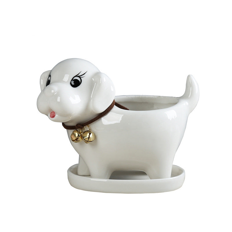 Lovely White Puppy Plant Pot Cretive Indoor Planter Home Office Decor