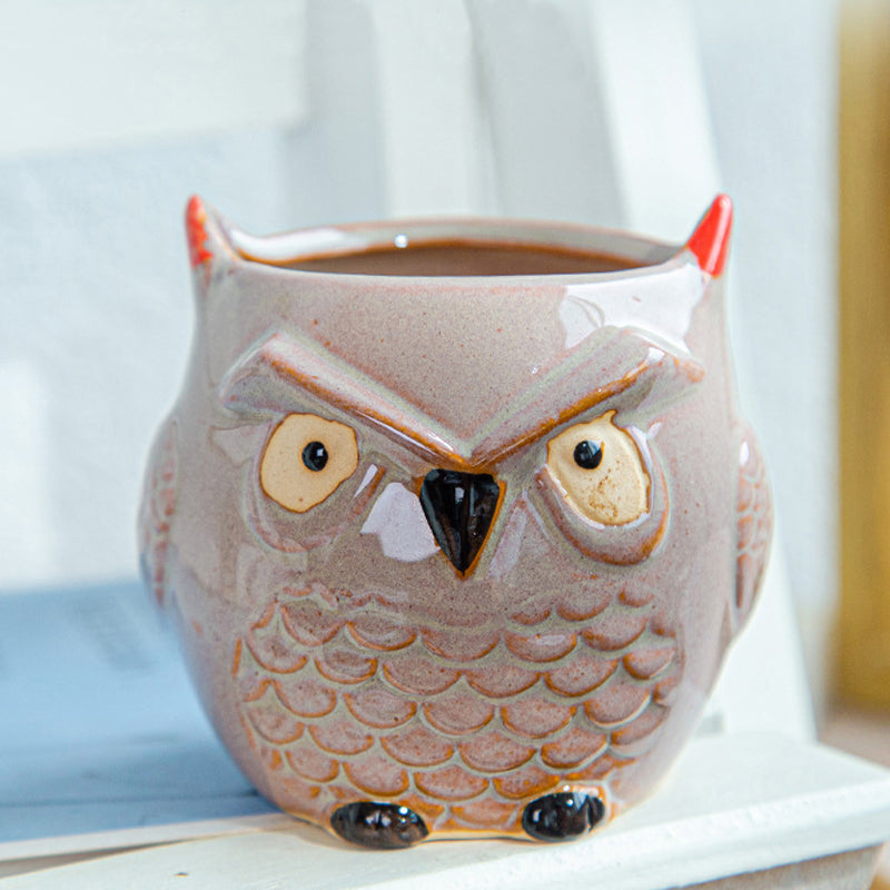 Brown Owl Glazed Plant Pot , Red Ear + Feather Texture