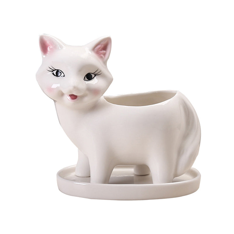 Lovely White Fox Plant Pot With Tray Decorative Succulent Planter Birthday Gift