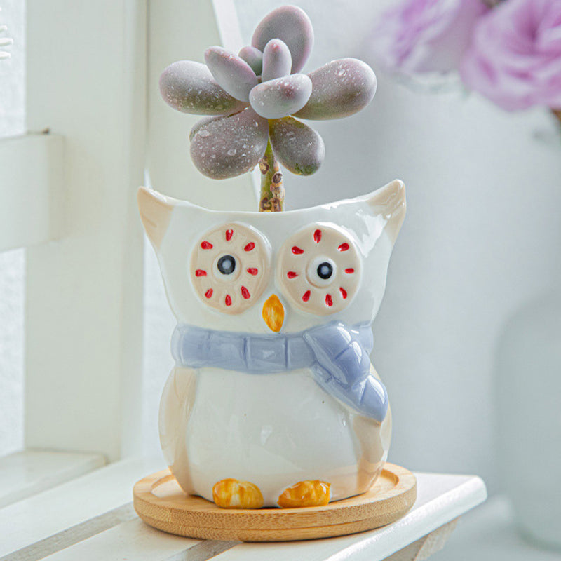 White Owl Glazed Plant Pot Indoor Planter With Tray , Blue Scarf