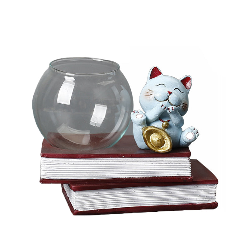 Blue Resin Fortune Cat Terrarium Pot Hydroponic Plants Office Home Decor