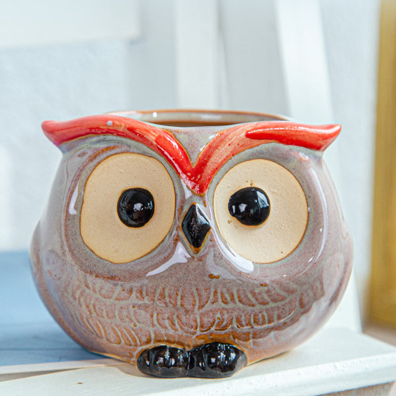 Brown Owl Glazed Plant Pot , Red Eyebrow + Fat