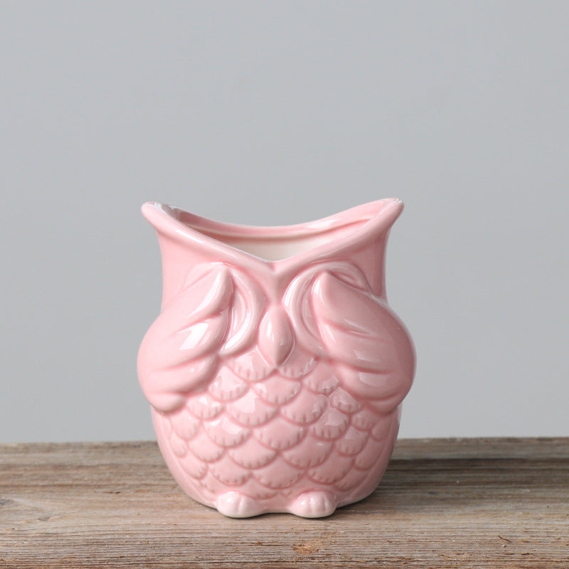 Mini Pink Owl Plant Pot Lovely Indoor Succulent Planter , Model 2