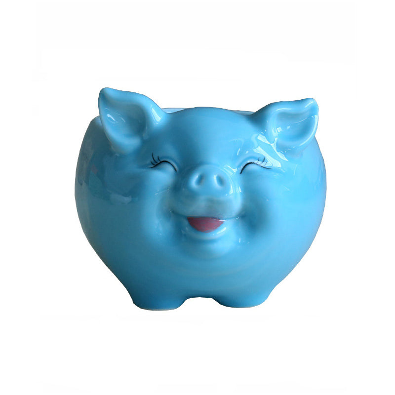 Blue Little Pig Glazed Plant Pot Lovely Indoor Planter Mini Animal Decor