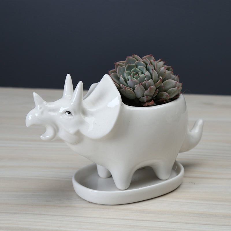 Mini White Triceratops Succulent Plant Pot Glazed Indoor Planter