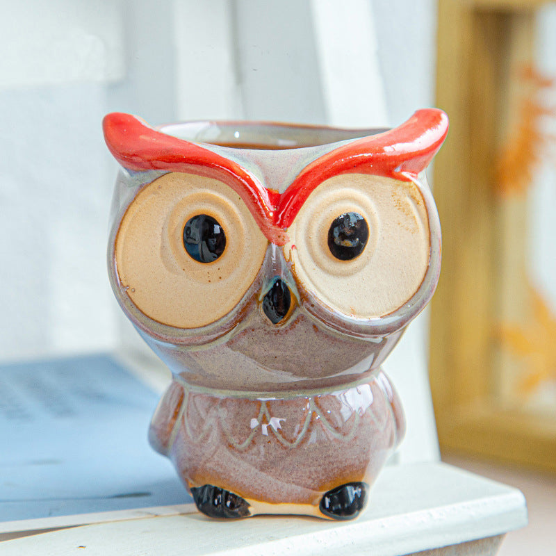 Brown Owl Glazed Plant Pot ,  Red Eyebrow + Thin