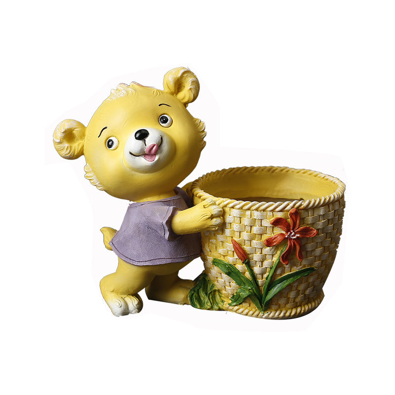 Purple Clothes Yellow Bear With Basket Resin Plant Pots Indoor Planters Creative Decor