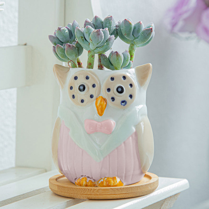 White Owl Glazed Plant Pot Indoor Planter With Tray , Pink Clothes