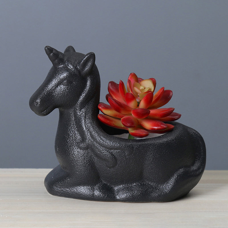 Black Frosted Unicorn Plant Pot Creative Succulent Planter Birthday Gift