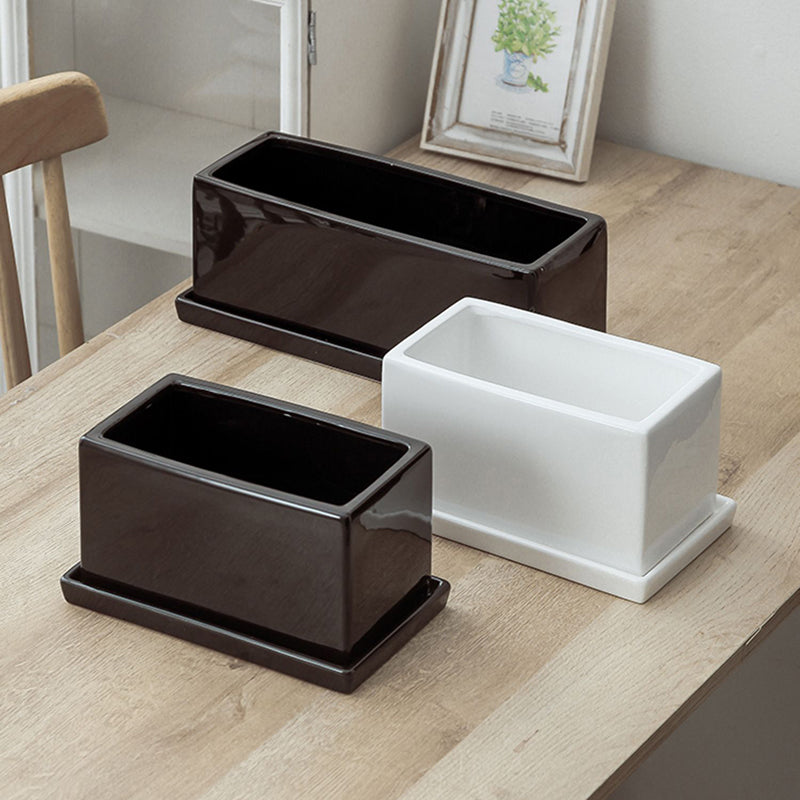 Black Glazed Rectangular Plant Pots Flowerpots with Saucer