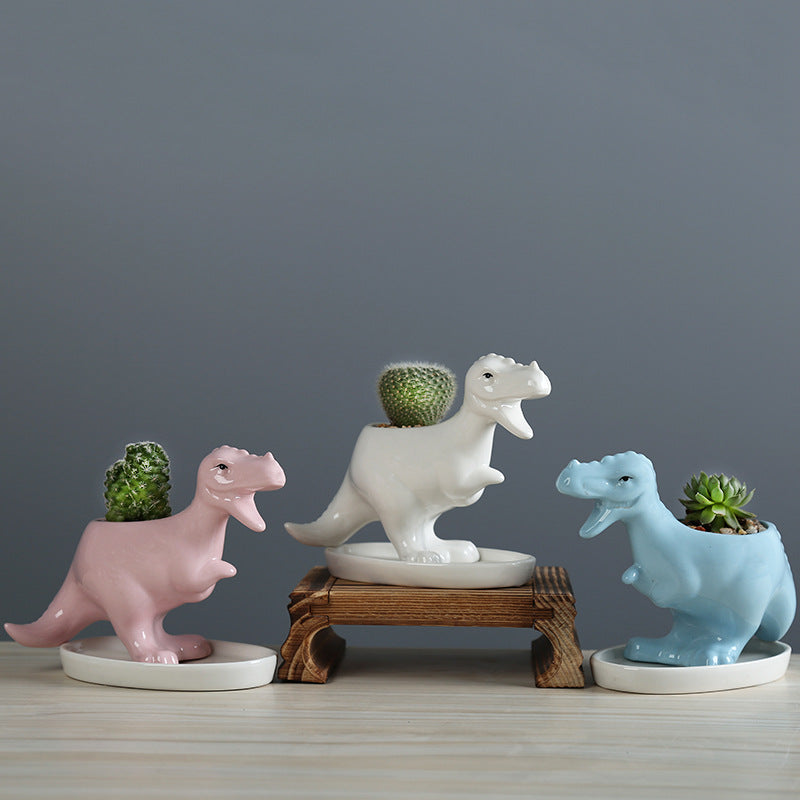 Mini Blue Tyrannosaurus Rex  Succulent Plant Pot Glazed Indoor Planter