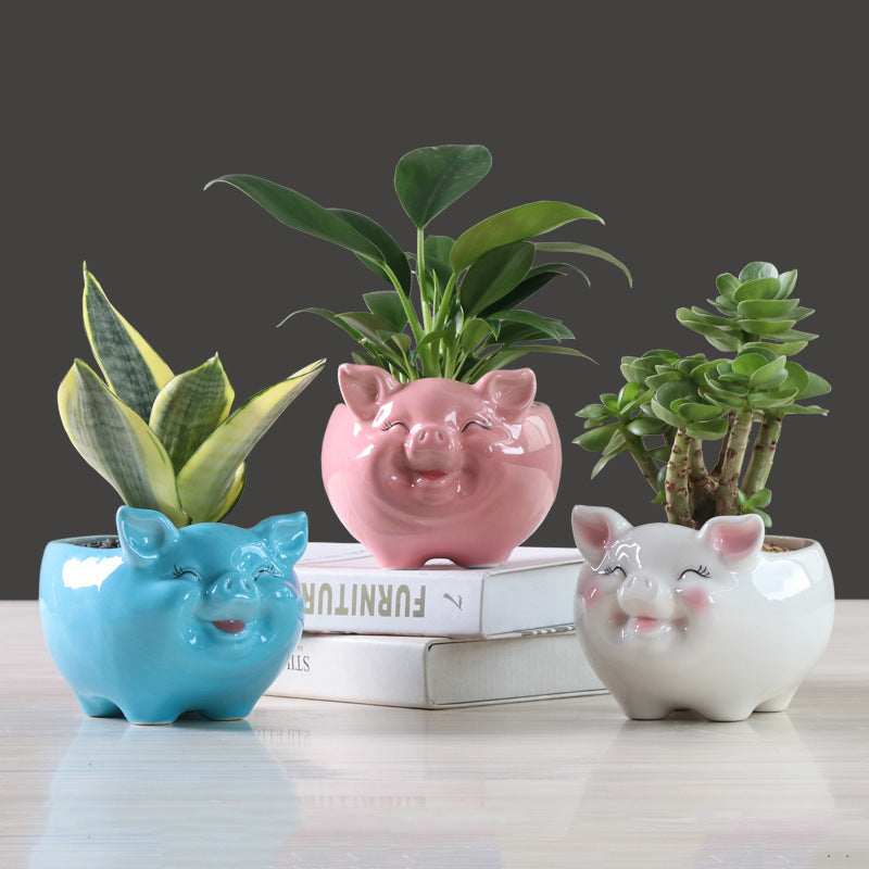 Blue Little Pig Glazed Plant Pot Lovely Indoor Planter Mini Animal Decor