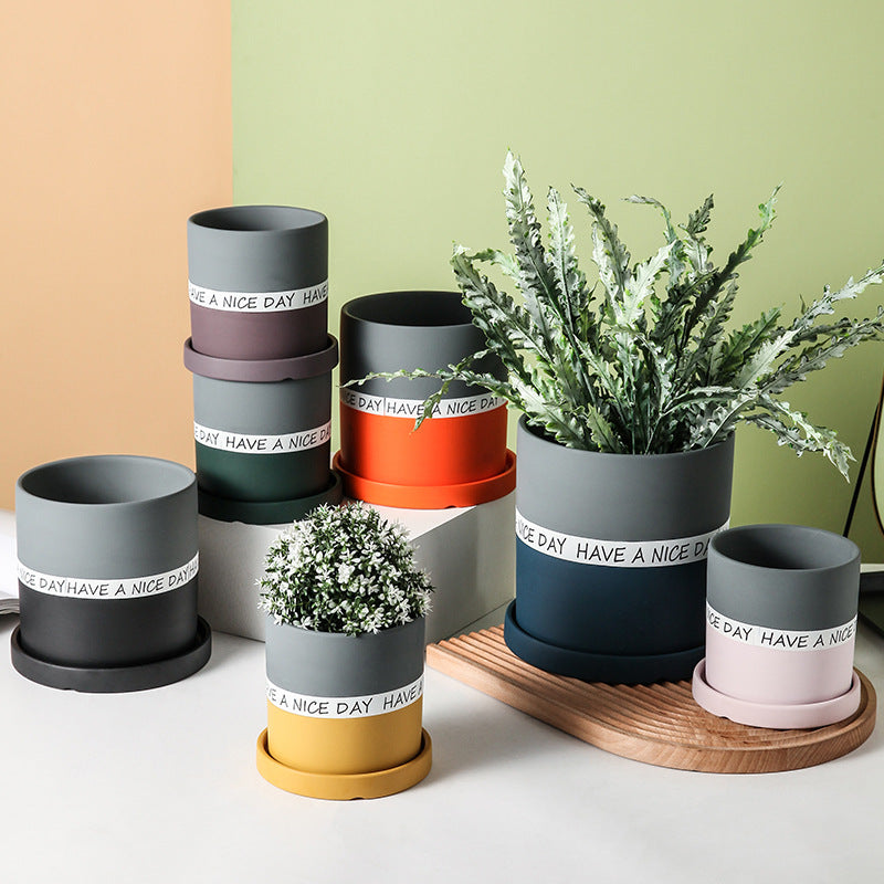 Dark Grey + Orange Cylinder Plant Pots with Saucer