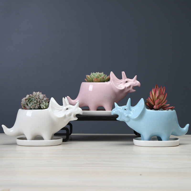 Mini Blue Triceratops Succulent Plant Pot Glazed Indoor Planter