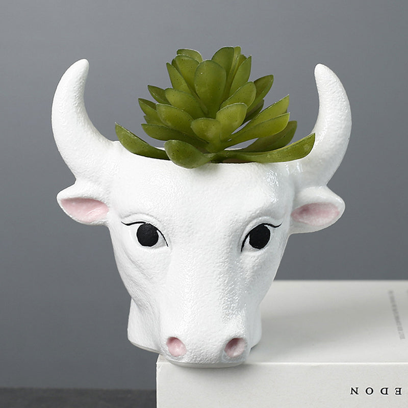 White Bull Plant Pot Ornament Indoor Planter Home Garden Decor