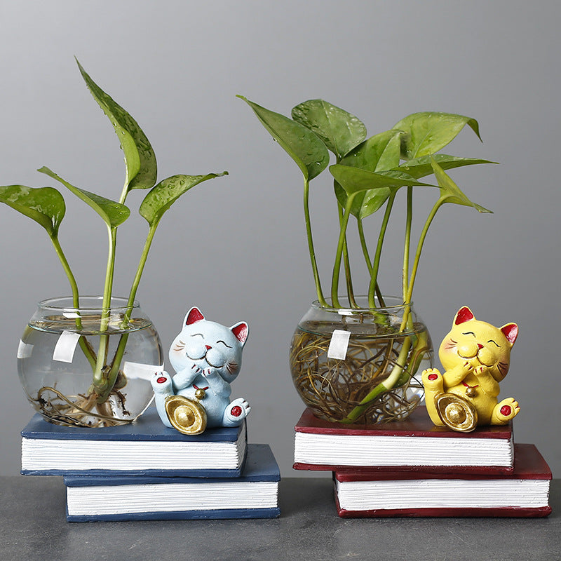 Yellow Resin Fortune Cat Terrarium Pot Hydroponic Plants Office Home Decor