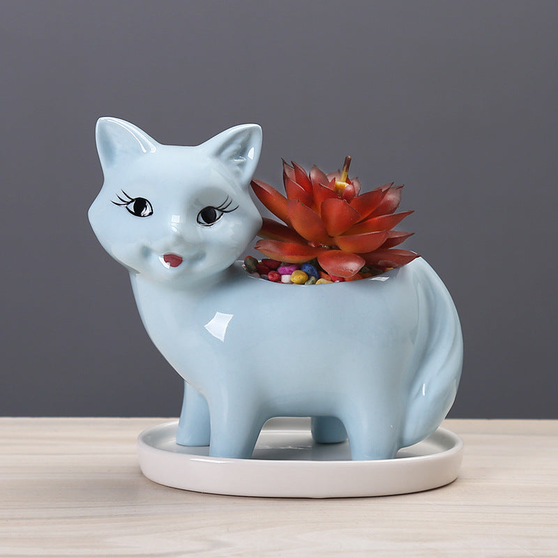 Lovely Blue Fox Plant Pot With Tray Decorative Succulent Planter Birthday Gift