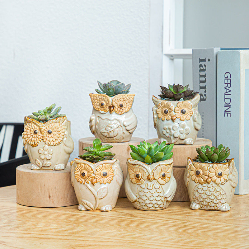 Yellow Owl Glazed Plant Pot MIni Creative Planter ,  Model 3