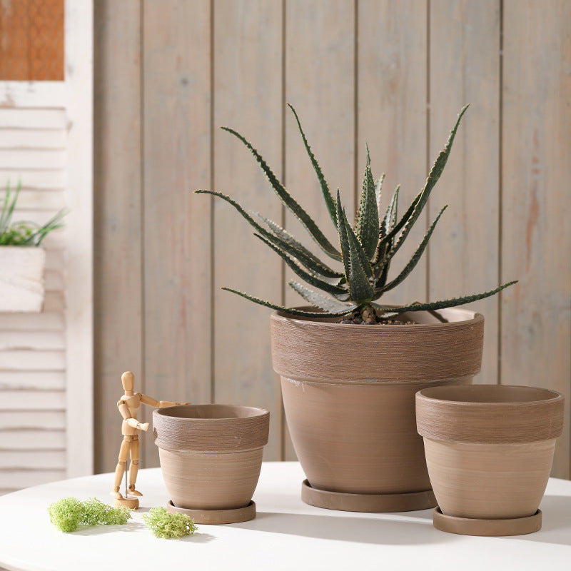 Mocha Terracotta Round Plant Pot Wide-brimmed Brushed Flowerpot