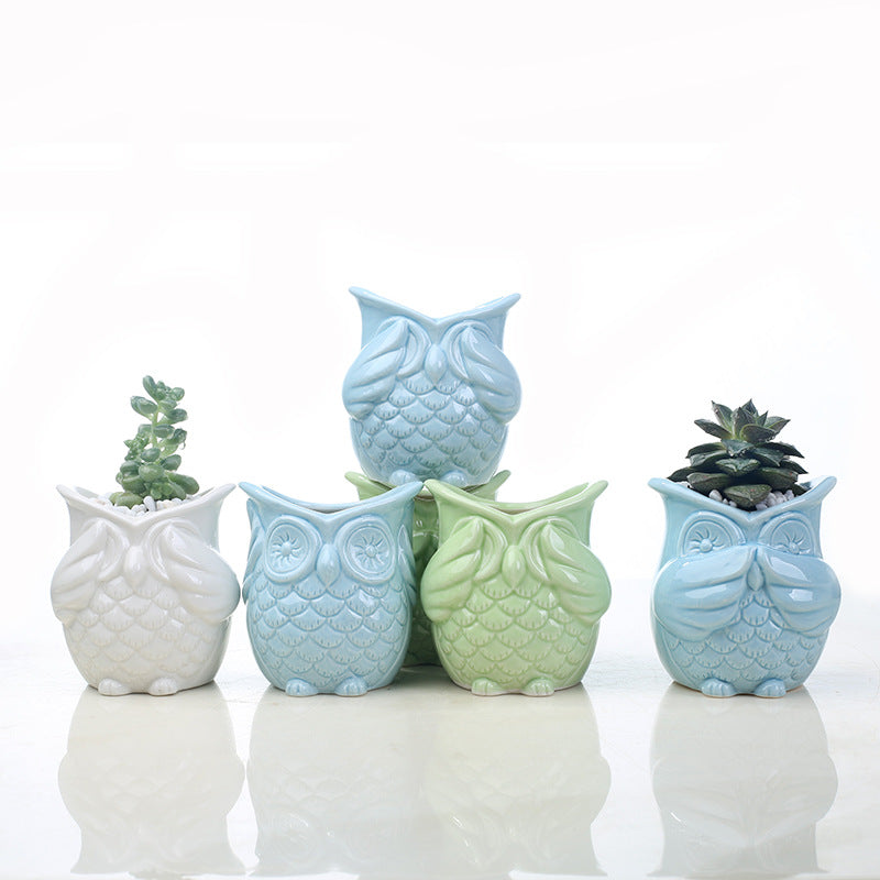 Mini Blue Owl Plant Pot Lovely Indoor Succulent Planter , Model 2