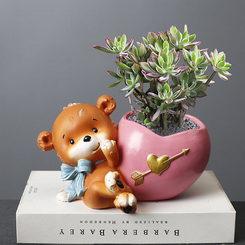 Brown Bear Sit Beside Heart Resin Plant Pots Indoor Planters Creative Decor