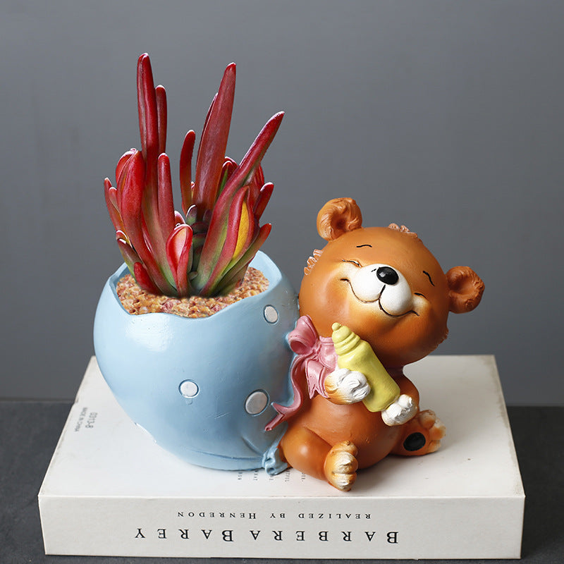 Brown Bear Blue Cloth Bag Resin Plant Pots Indoor Planters Creative Decor