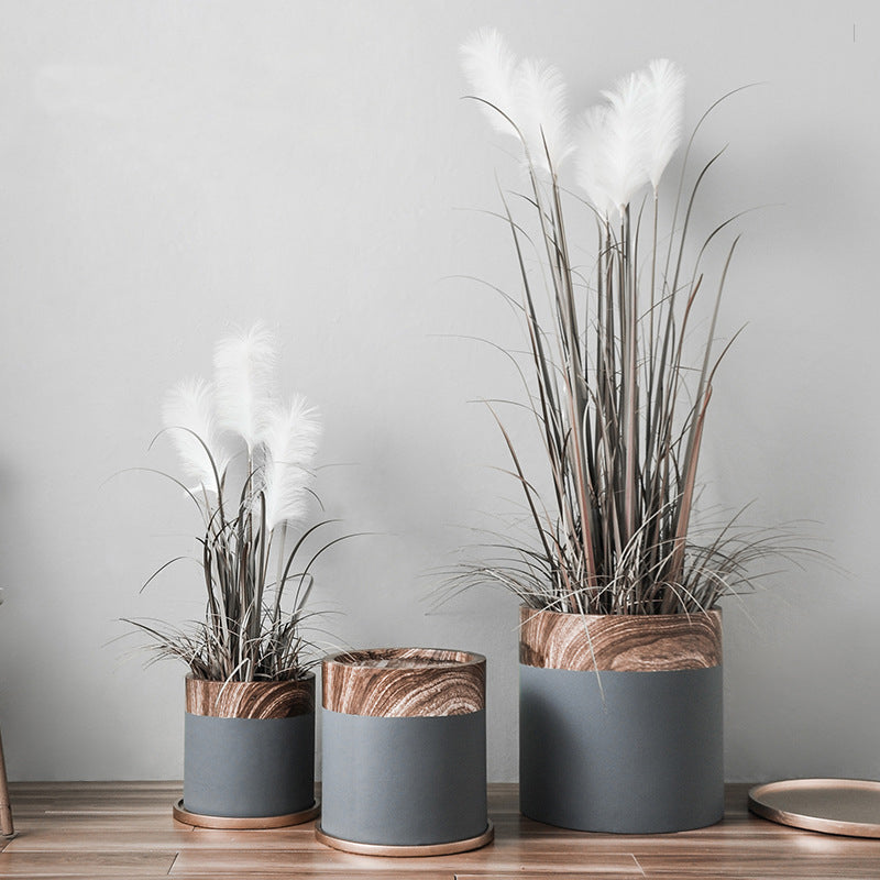 Grey + Wood Texture Cement Cylinder Plant Pots Indoor Flowerpots Planters