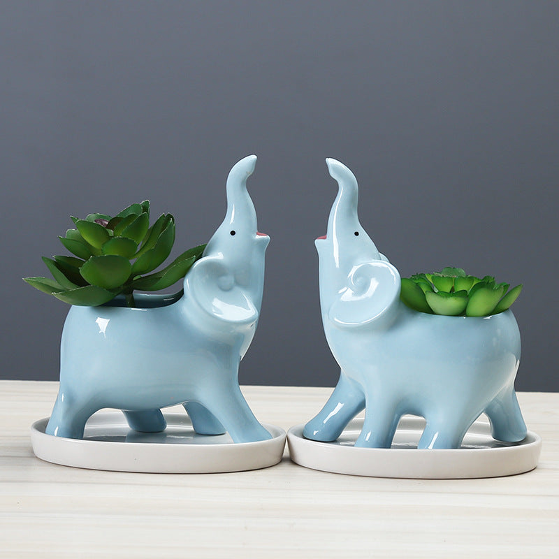 Blue Elephant Plant Pot WIth Tray Creative Succulent Planter Home Office Decor