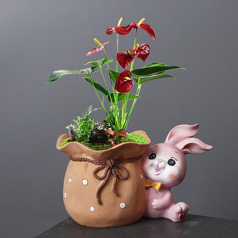 Pink Bunny Holding Cloth Bag Resin Plant Pots Succulent Planters Birthday Gifts