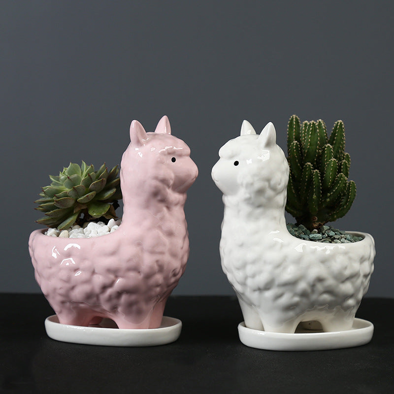 Lovely Pink Alpaca Plant Pot With Tray Creative Indoor Planter Animal Decor