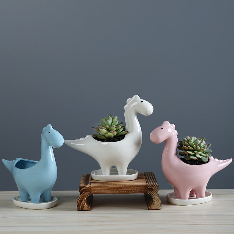 White Dinosaur Plant Pot Mini Ornament Indoor Planter Home Decor