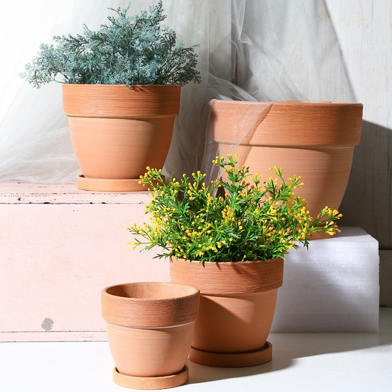 Terracotta Round Plant Pot Wide-brimmed Brushed Flowerpot