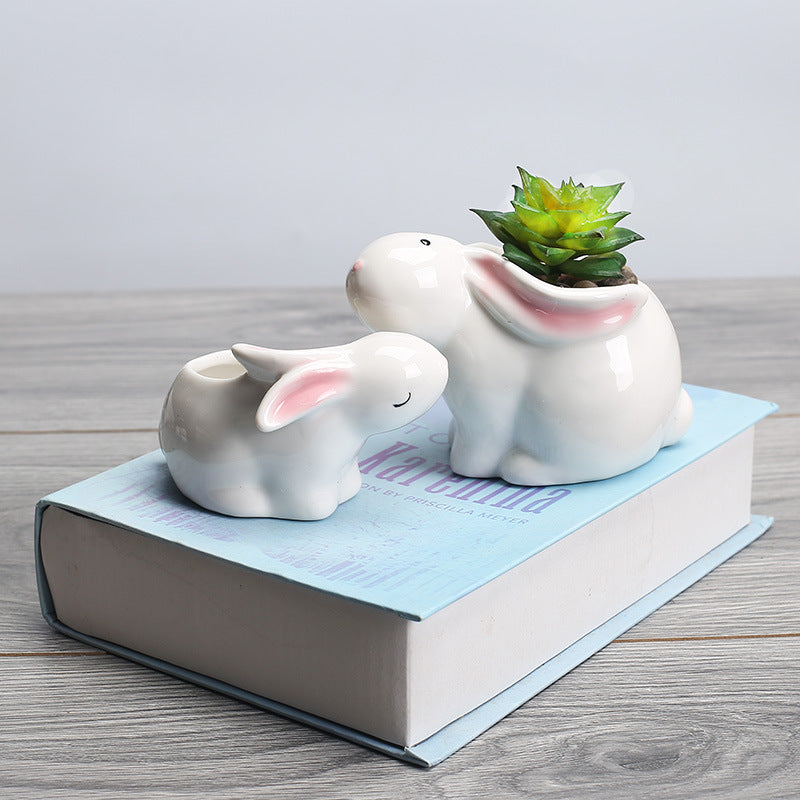 Mini White Baby Rabbit Plant Pot Glazed Indoor Planter Creative Decor