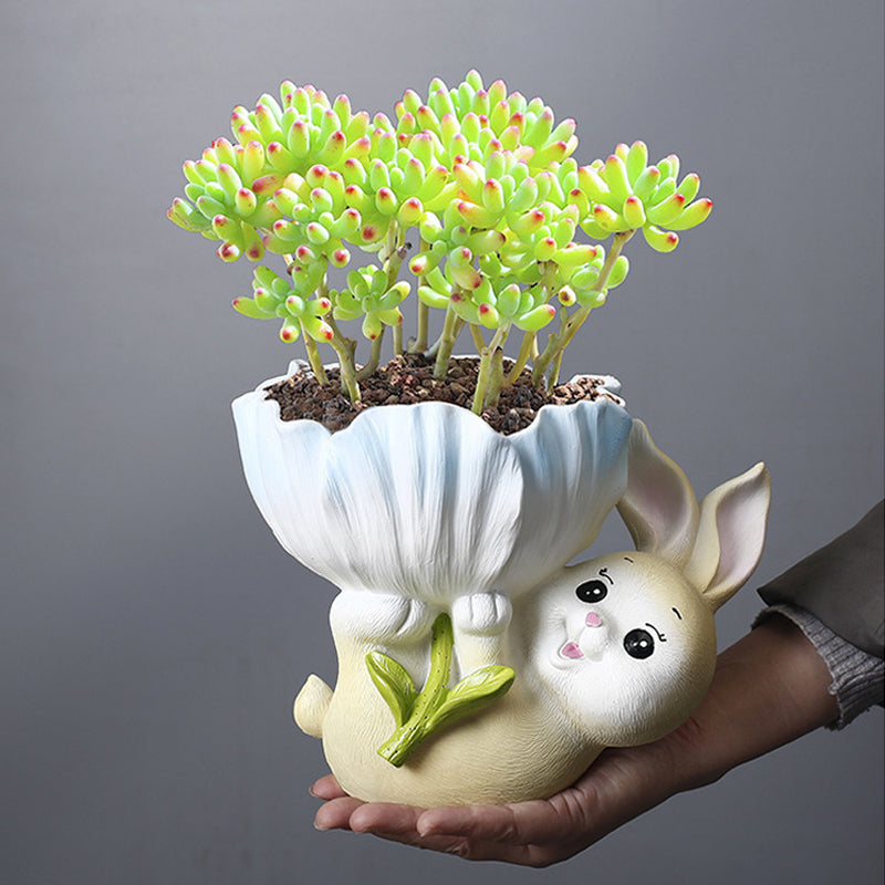 Light Yellow Bunny Holding Flower Resin Plant Pots Succulent Planters Birthday Gifts