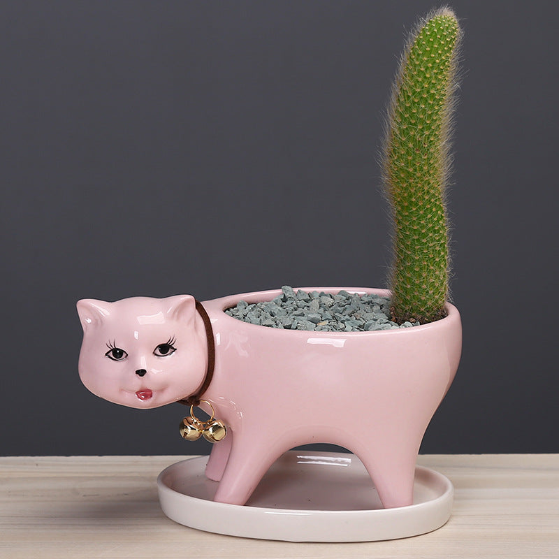 Pink Walking Kitten Plant Pot Mini Creative Planter Indoor Flowerpot