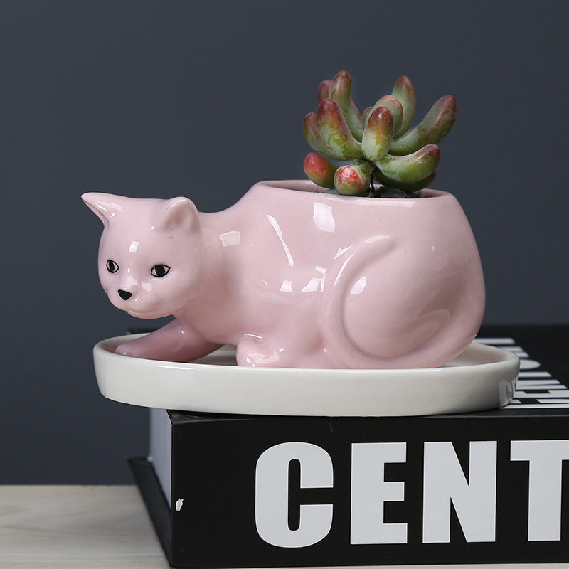 Super Cute Pink Kitten Plant Pot Creative Indoor Succulent Planter With Tray