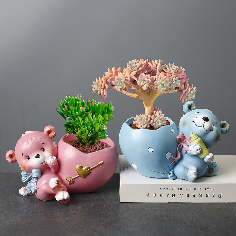 Blue Bear Blue Cloth Bag Resin Plant Pots Indoor Planters Creative Decor